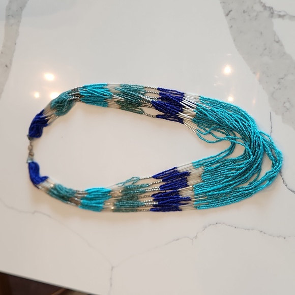Ann Taylor Loft Glass Seed Beaded Long Necklace Blue Turquoise - Picture 2 of 5